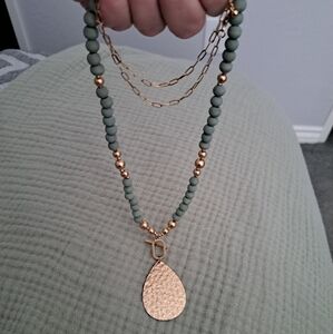 Sage Green and Gold Wood Bead Pendant Necklace